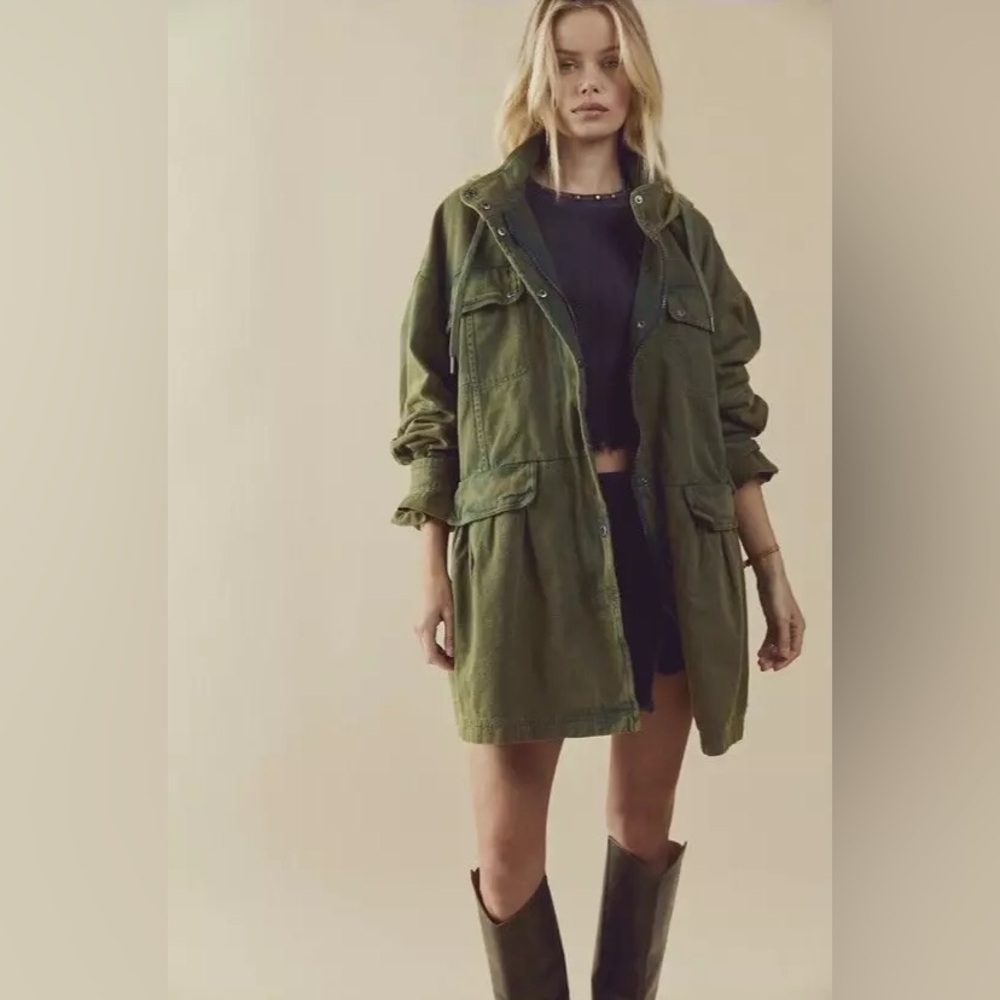 Free People We The Free Nocturne Parka Army Green Hooded Peplum Jacket Size XS